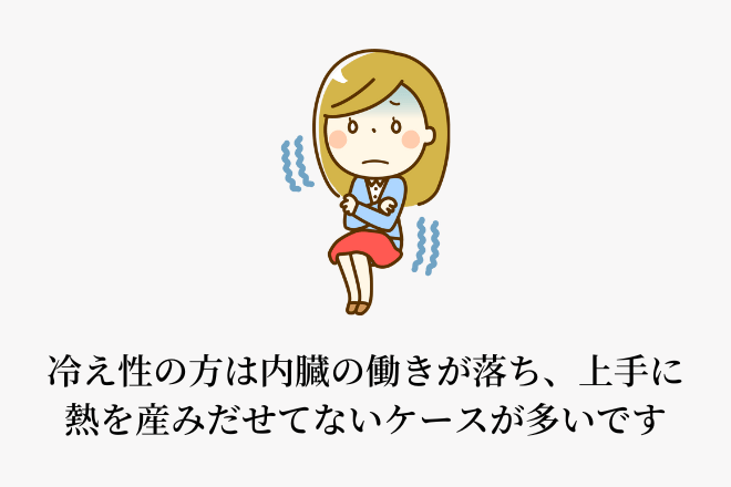 冷え性の方は内臓の働きが落ち、上手に熱を産みだせてないケースが多いです