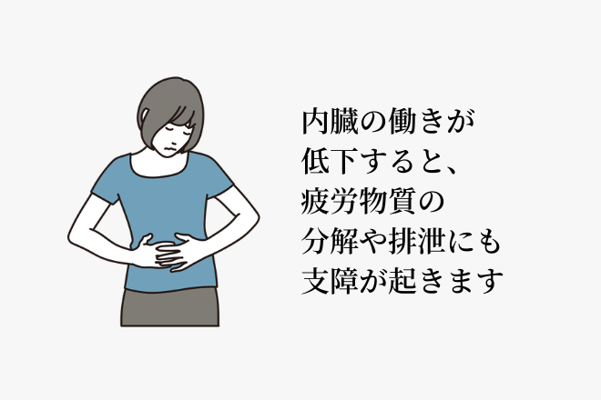 内臓の働きが低下すると、疲労物質の分解や排泄にも支障が起きます