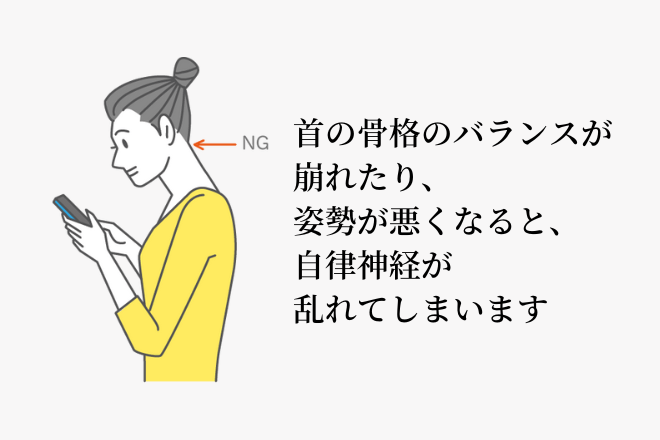 首の骨格のバランスの崩れたり、姿勢が悪くなると、自律神経が乱れてしまいます