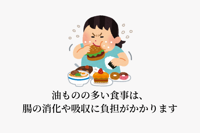 油ものの多い食事は、腸の消化や吸収に負担がかかります