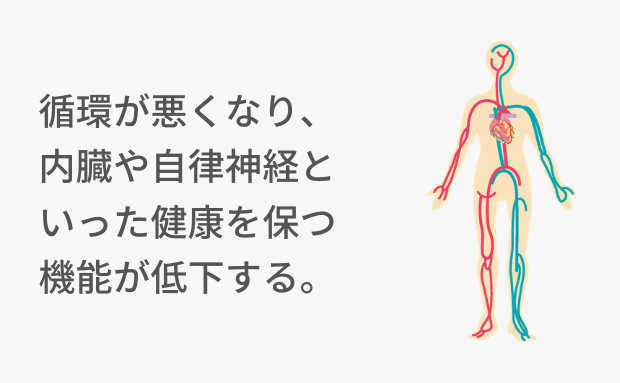 循環が悪くなり、内臓や自律神経といった健康を保つ機能が低下する。