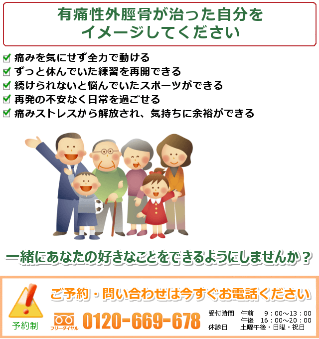 有痛性外脛骨が治った自分をイメージしてください。１．痛みを気にせず全力で動ける２．ずっと休んでいた練習を再開できる３．続けられないと悩んでいたスポーツができる４．再発の不安なく日常を過ごせる５．痛みストレスから解放され、気持ちに余裕ができる.一緒にあなたの好きなことをできるようにしませんか？ ご予約・問い合わせは今すぐお電話ください。0120-669-678